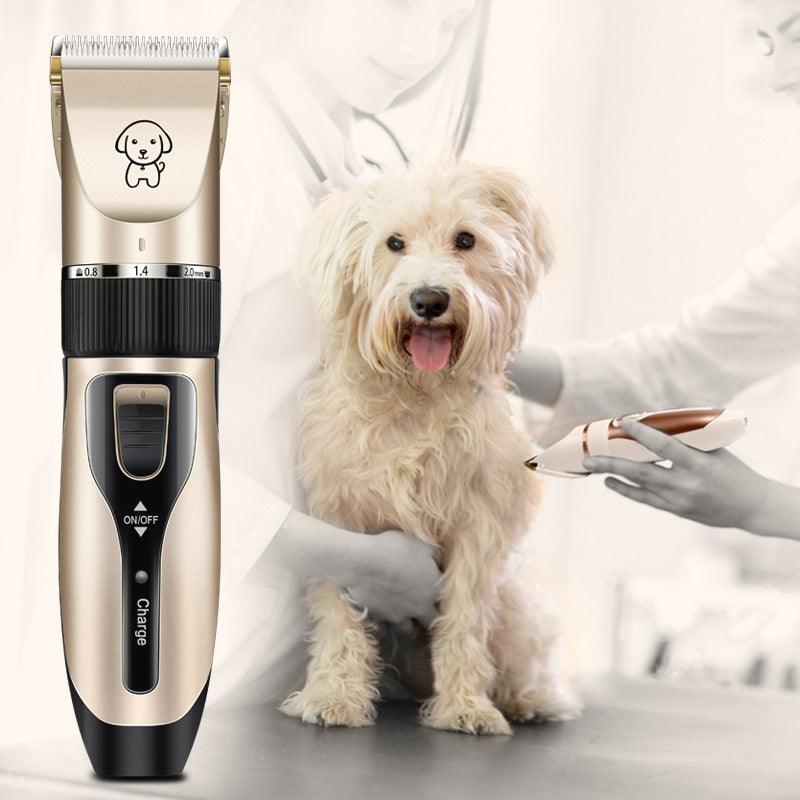 Beige pet hair clipper with black handle and charging indicator, grooming trimmer body