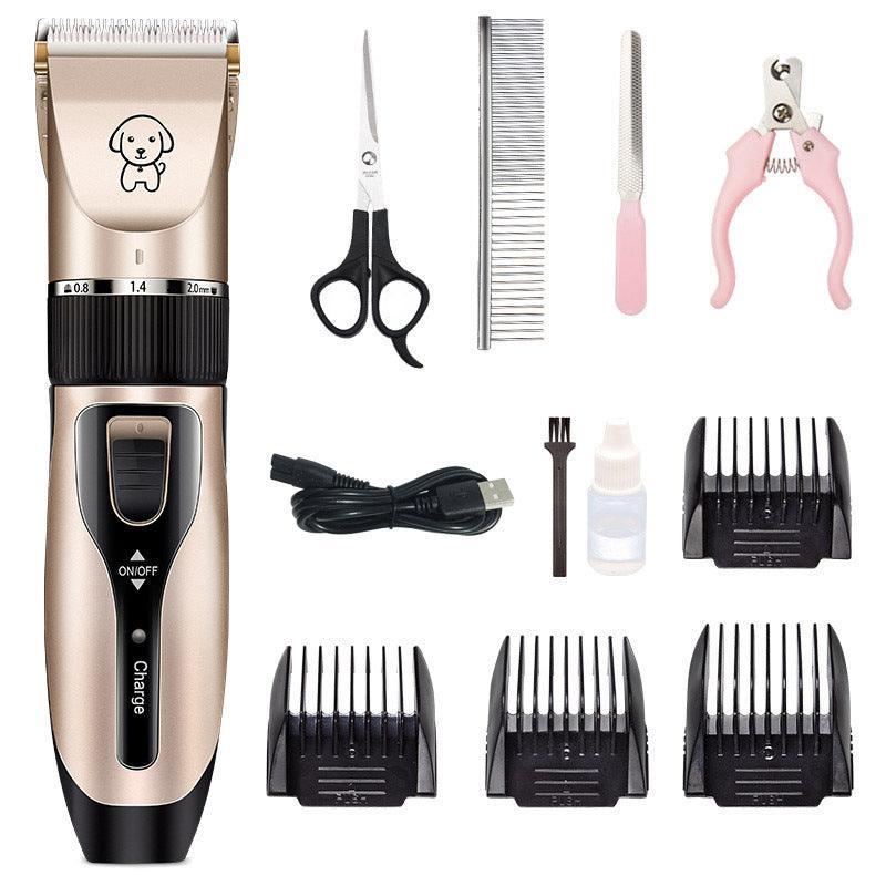 Pet hair trimmer set with scissors, combs, dropper oil bottle, and charging cable