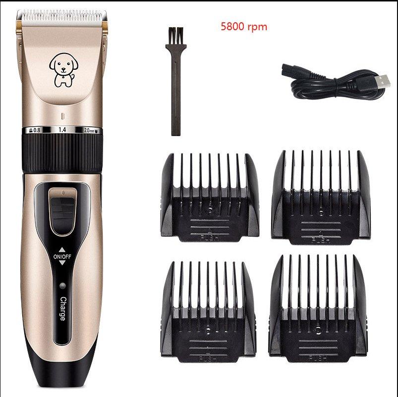 Pet hair clippers with 5800 rpm label, charging cable, and four guard combs