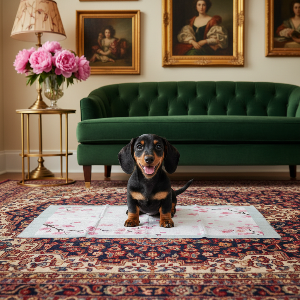 Pink dog and small pet training pad, square absorbent sheet with floral pattern