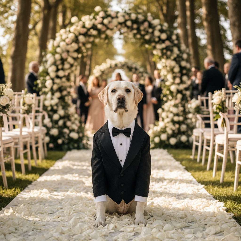 Dog tuxedo suit with black jacket, white shirt, and bow tie