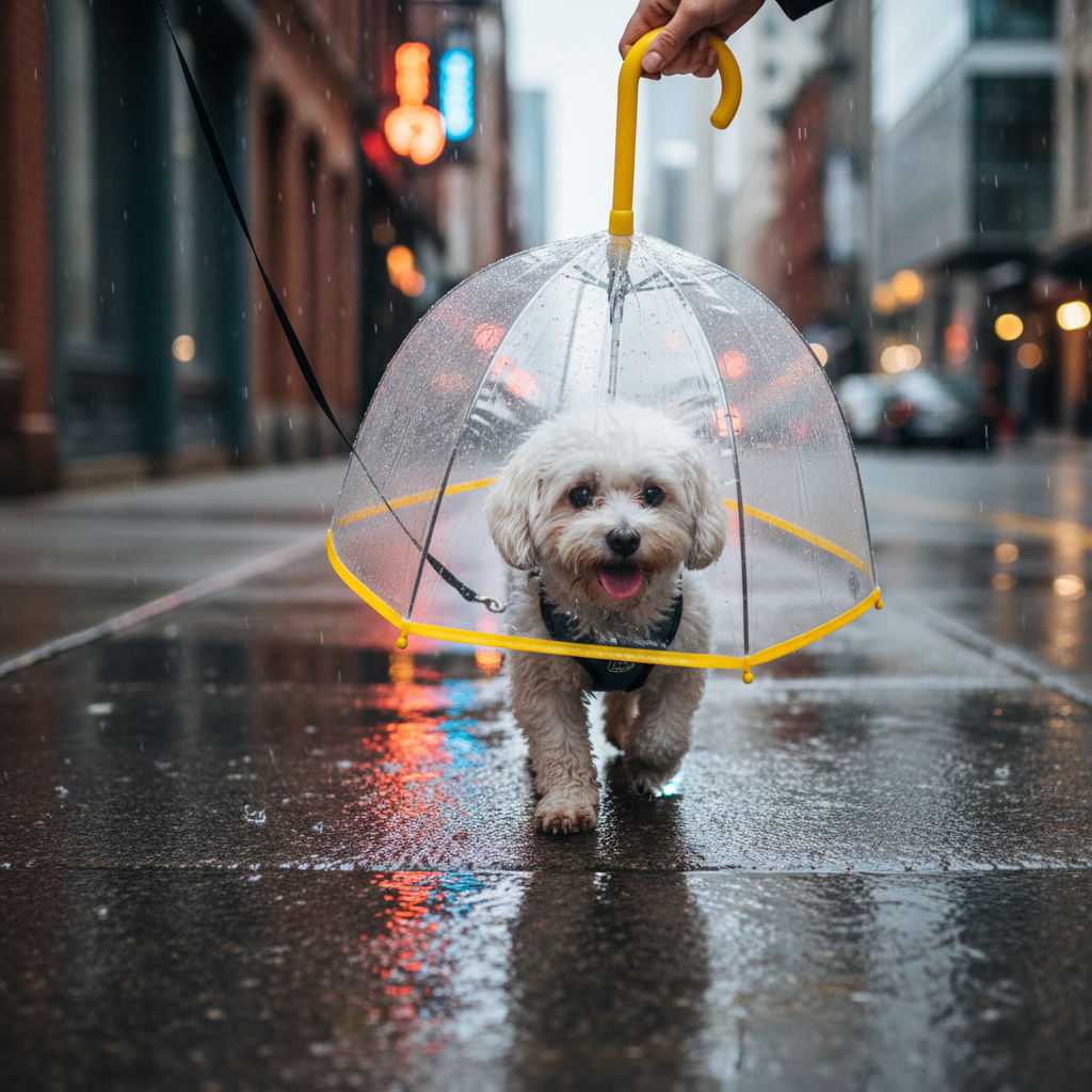Small dog under clear dome umbrella with yellow C-handle and built-in leash