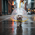 Small dog under clear dome umbrella with yellow C-handle and built-in leash