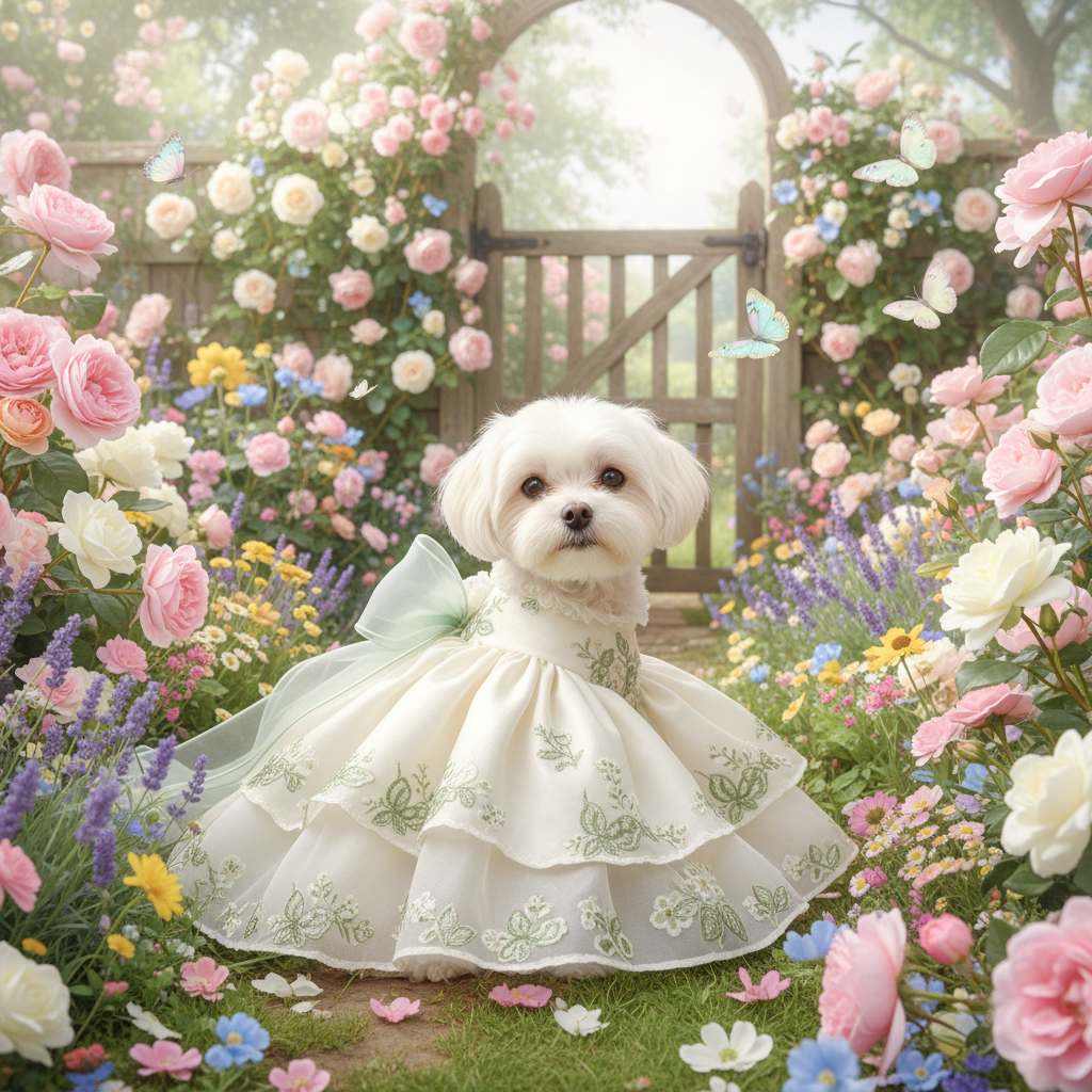 White double-layer princess pet skirt with lace-like green floral trim, layered hem