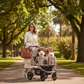 Beige double dog stroller with two detachable carriers, front and side view for pets