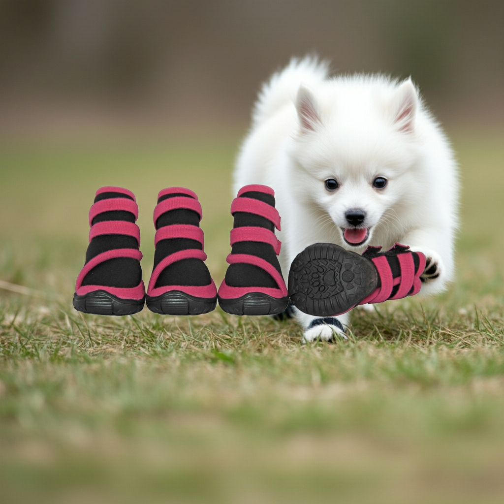 Set of 4 pink and black dog high ankle support shoes with grippy rubber soles