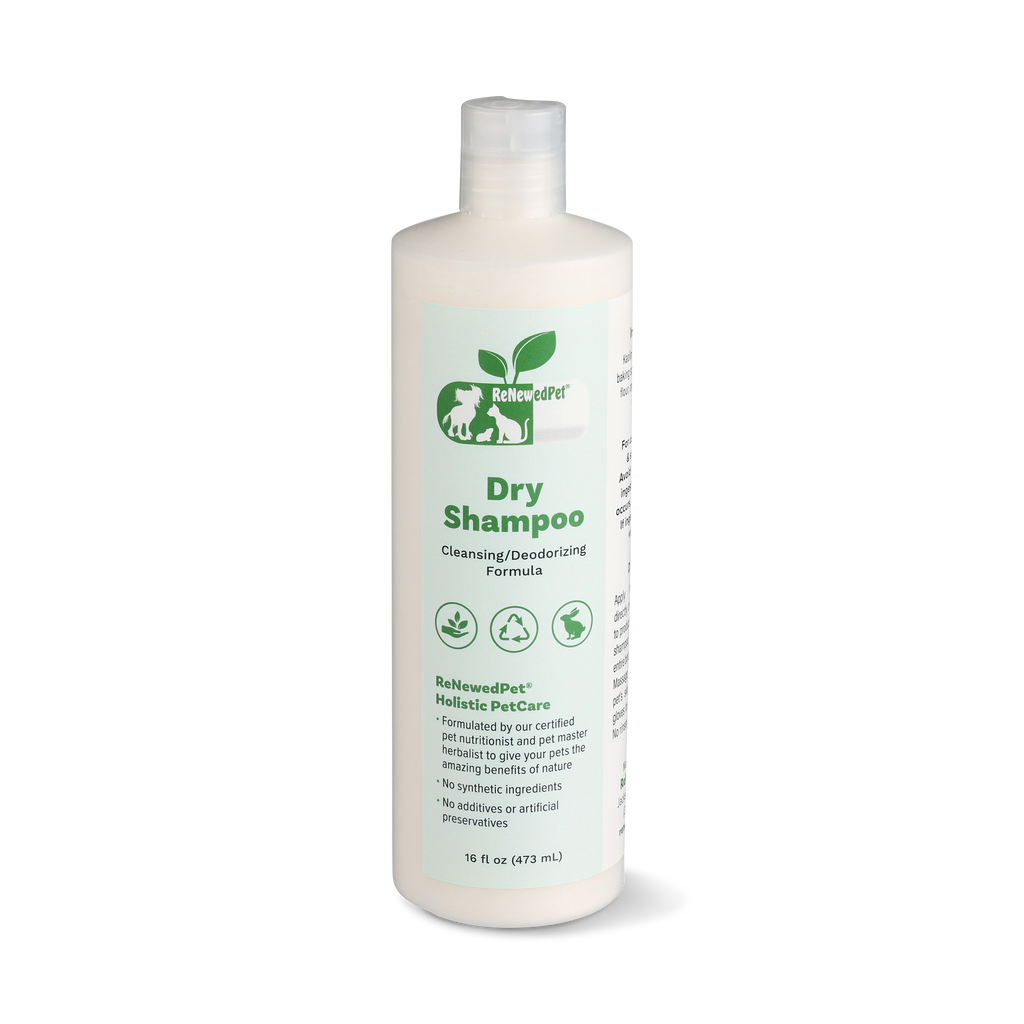 ReNewedPet dry shampoo bottle, 16 fl oz, front and side label view with cap