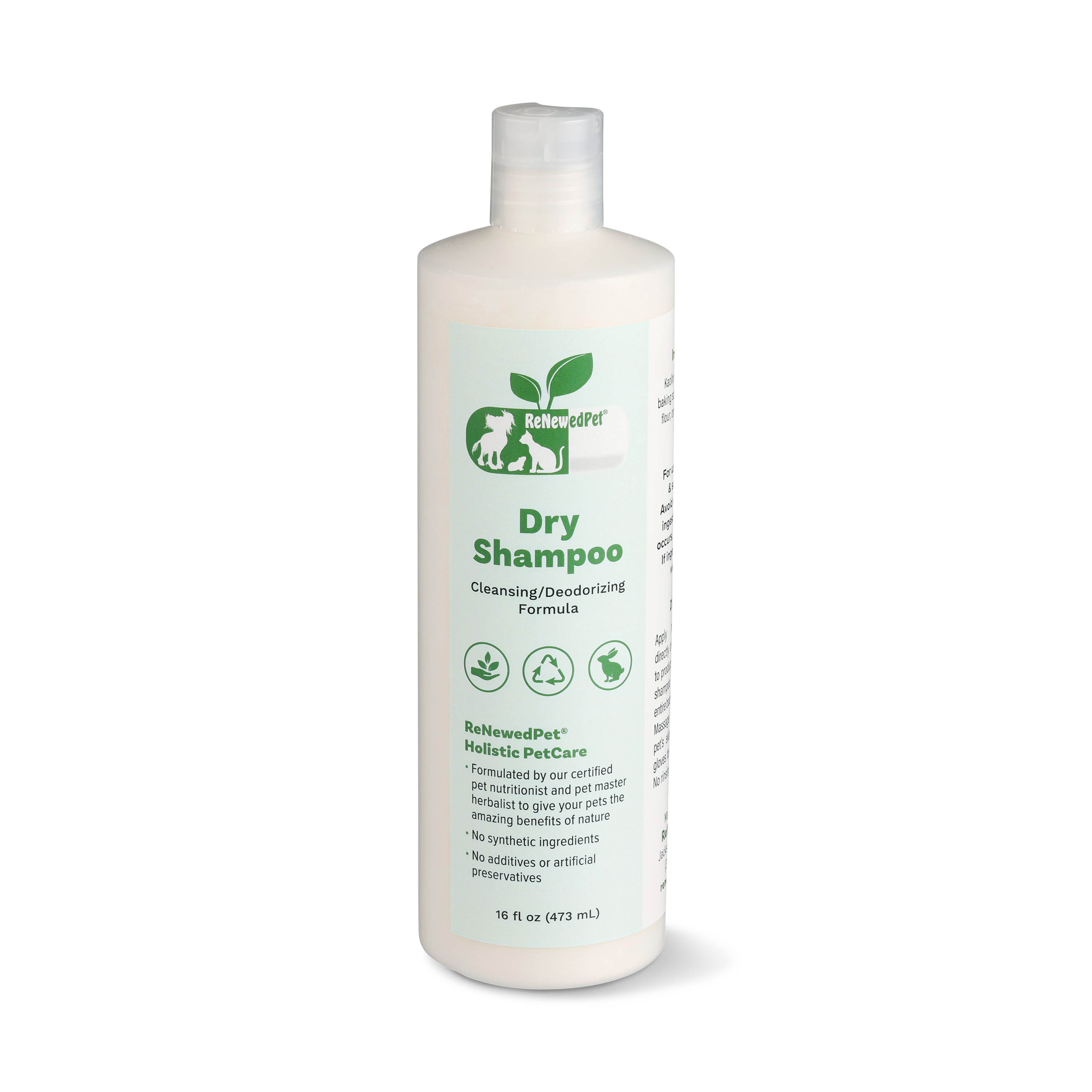 ReNewedPet dry shampoo bottle, 16 fl oz, front and side label view with cap