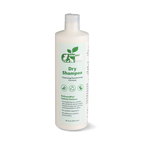ReNewedPet dry shampoo bottle, 16 fl oz, front and side label view with cap
