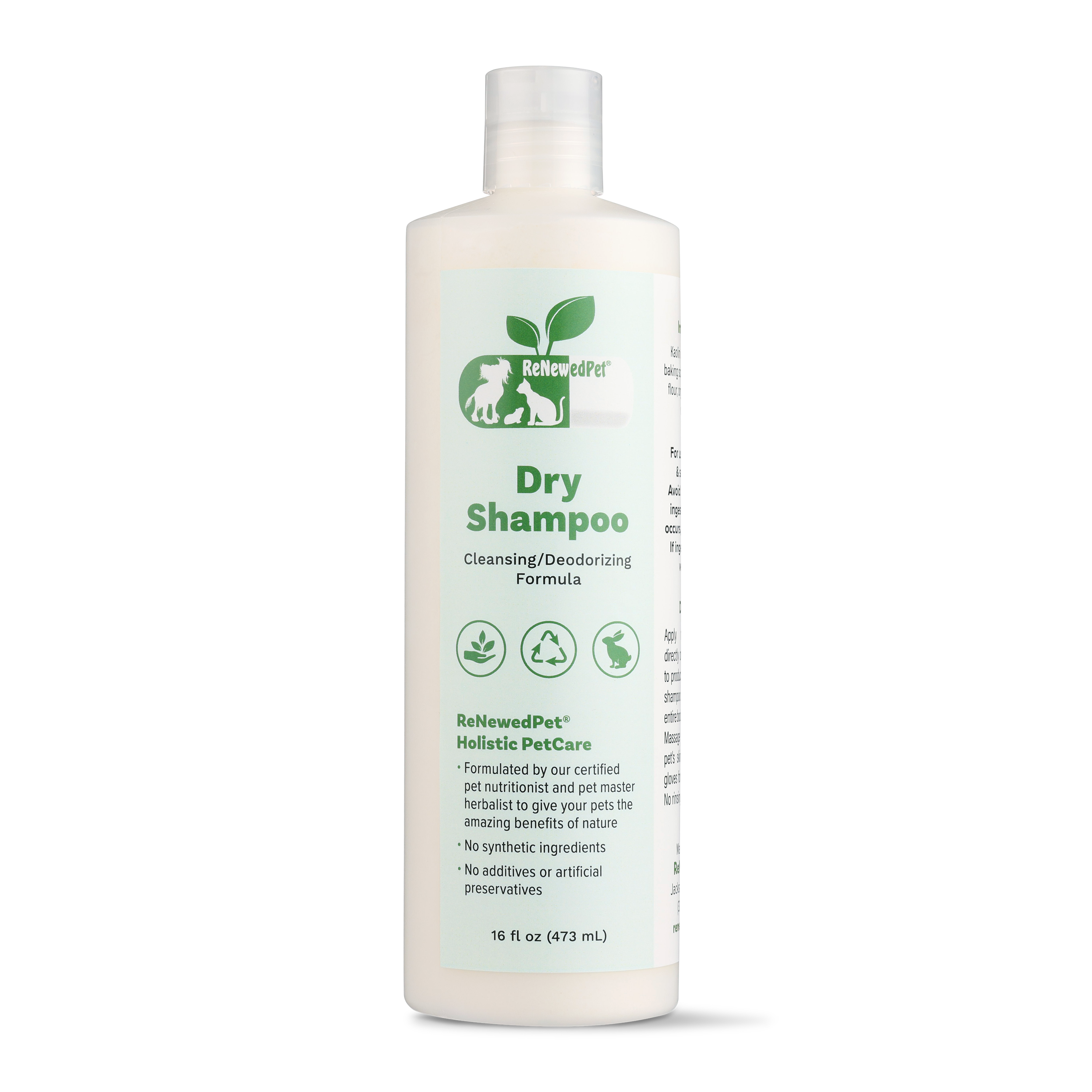ReNewedPet dry shampoo bottle, 16 fl oz, front label with green “Dry Shampoo” text