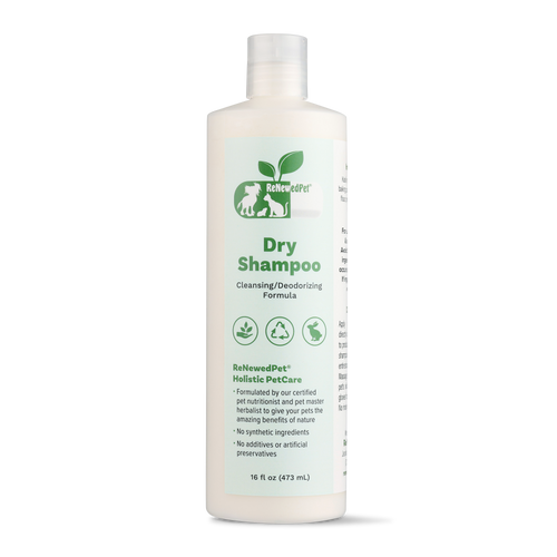ReNewedPet dry shampoo bottle, 16 fl oz, front label with green “Dry Shampoo” text