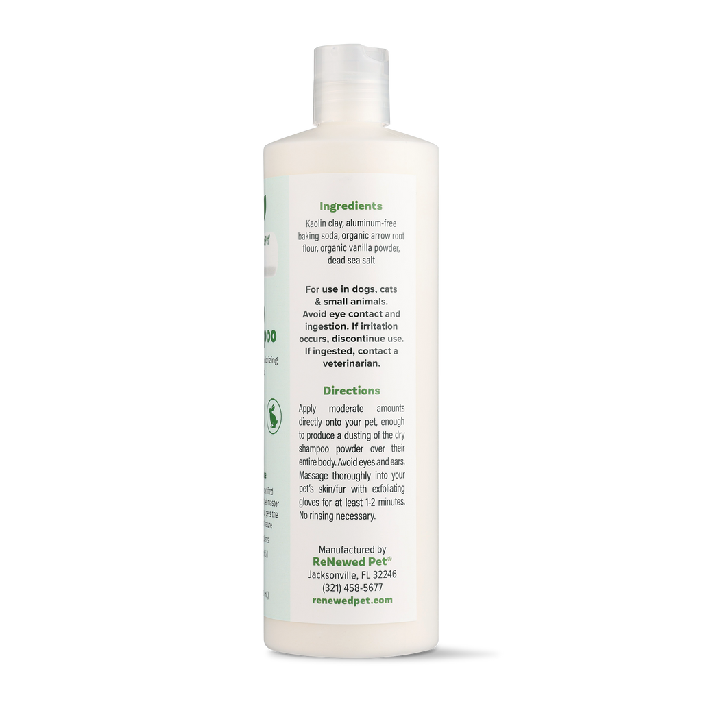 ReNewedPet dry shampoo bottle, 16 fl oz, back label with ingredients and directions