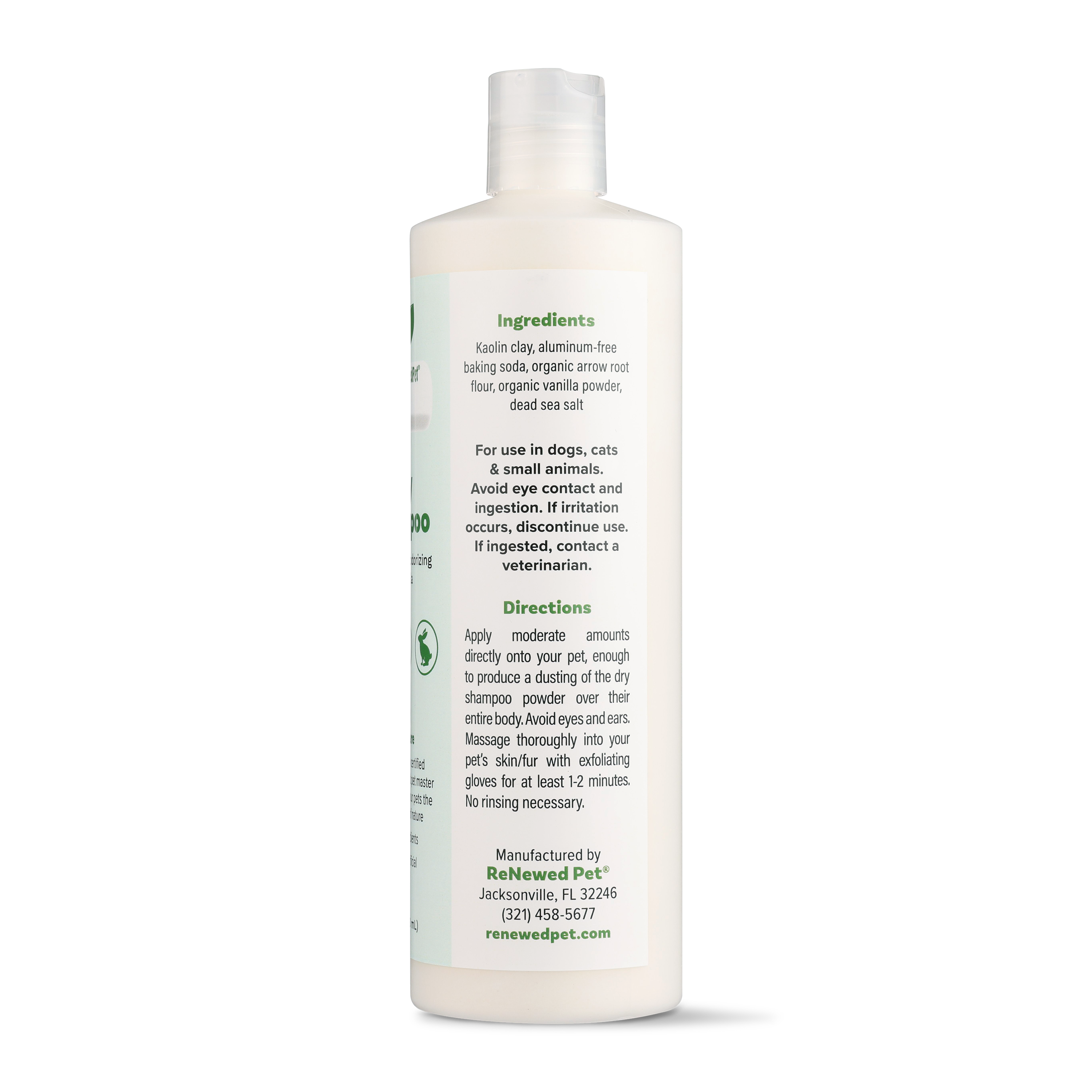 ReNewedPet dry shampoo bottle, 16 fl oz, back label with ingredients and directions