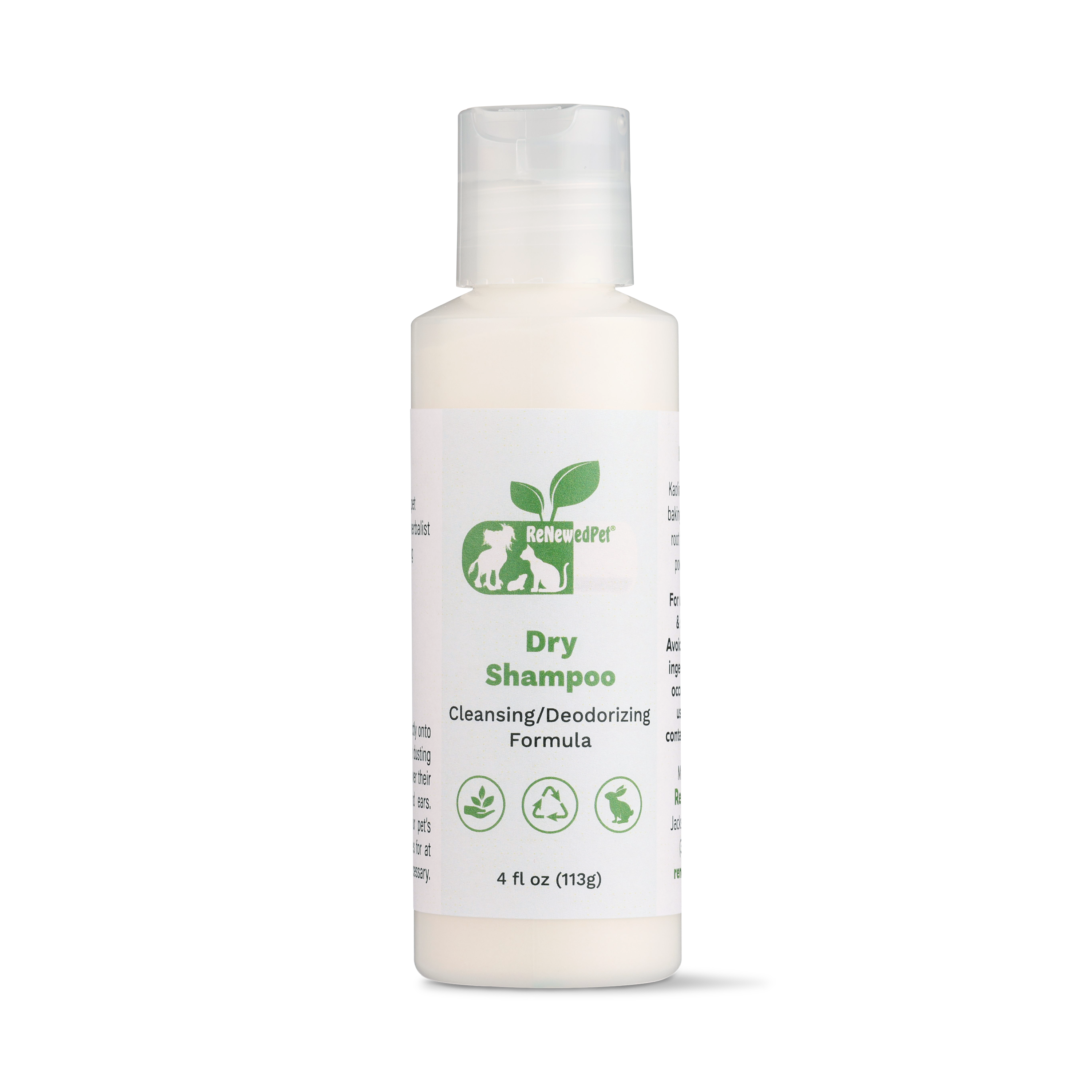 ReNewedPet dry shampoo bottle, 4 fl oz (113g), front label with green “Dry Shampoo”