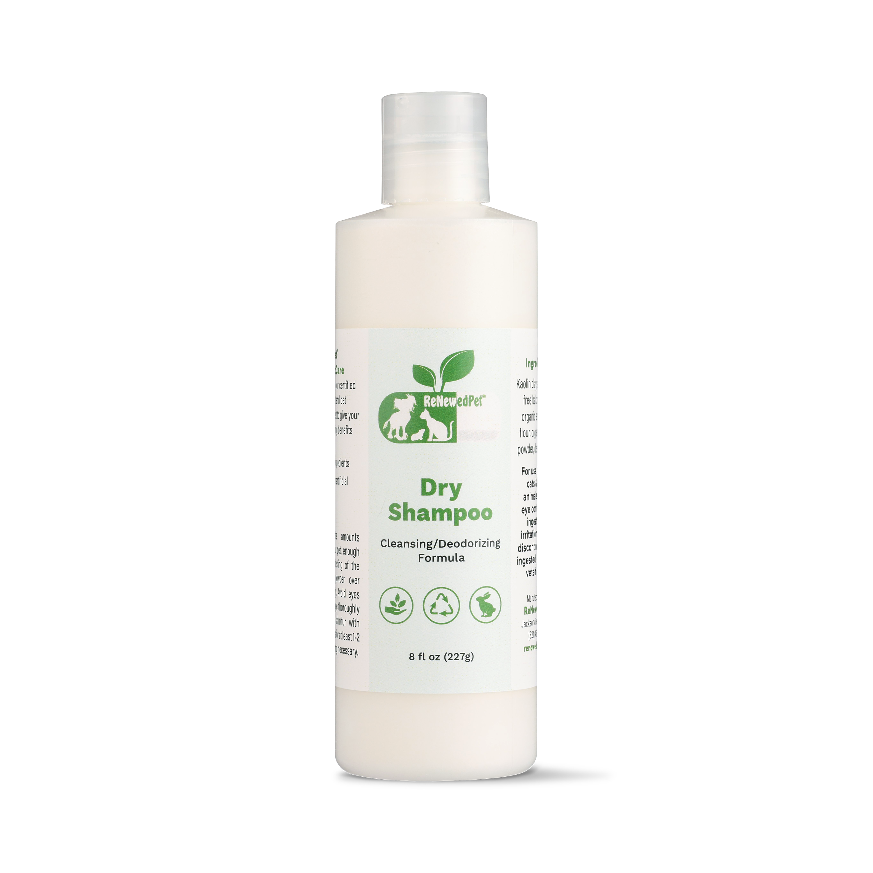 ReNewedPet dry shampoo bottle, 8 fl oz (227g), front label and green “Dry Shampoo”