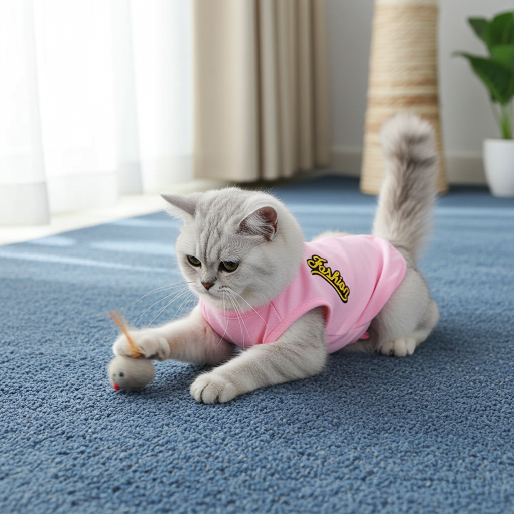 Pink cat shirt on a resting cat, gold chest logo visible