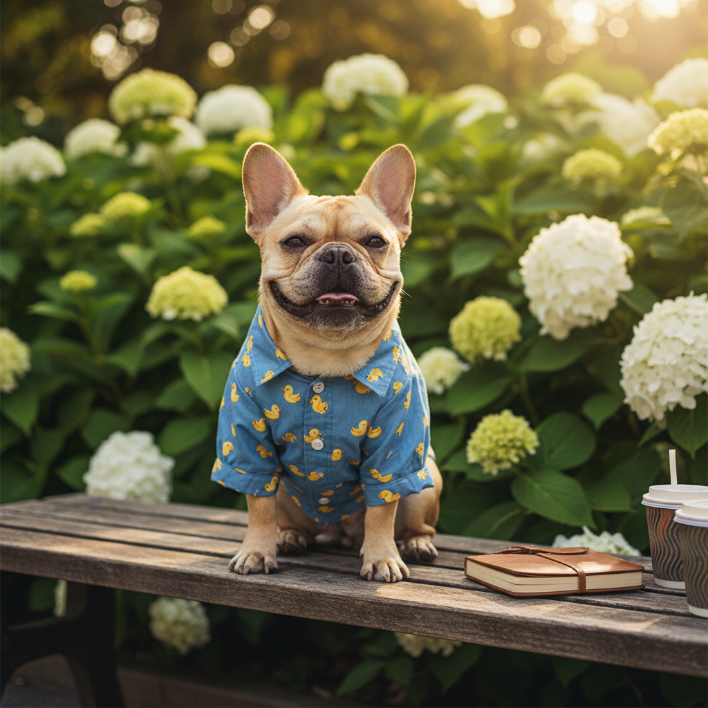 Blue duck-print cotton pet jacket with button front and short sleeves, on a small dog