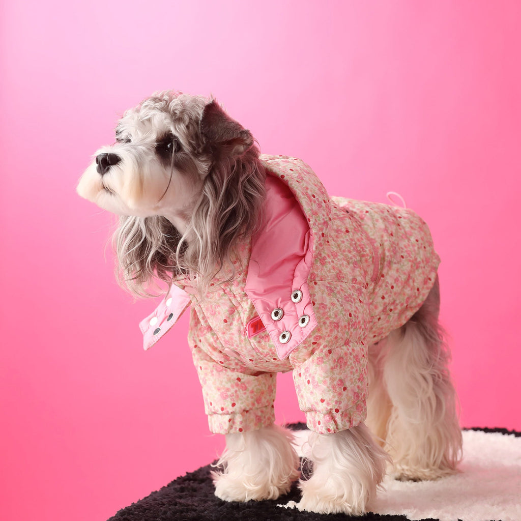 Floral hooded pet down jacket in pink, with pink lining and front zipper