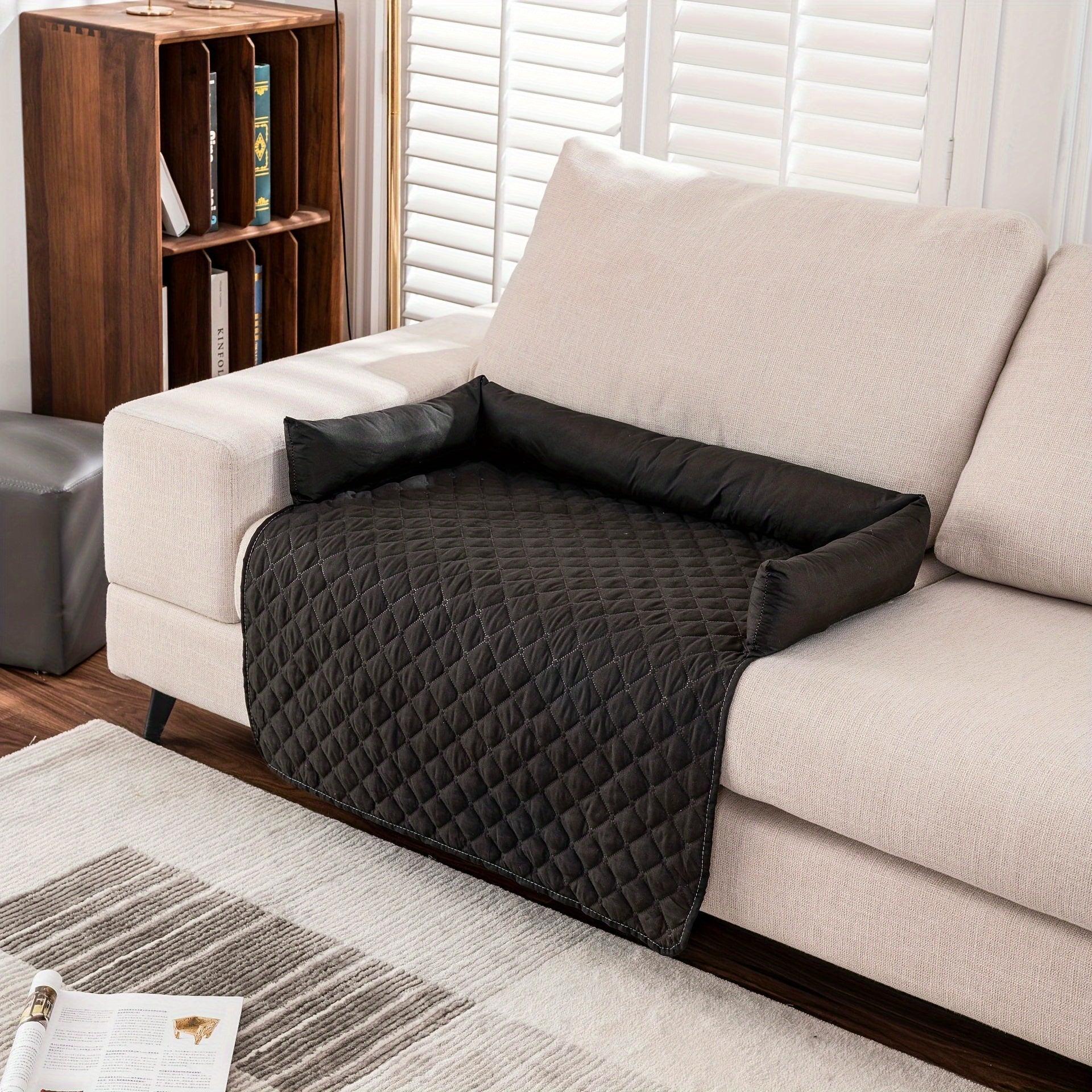 Quilted pet sofa cover mat with black bolsters, black diamond-pattern bed panel