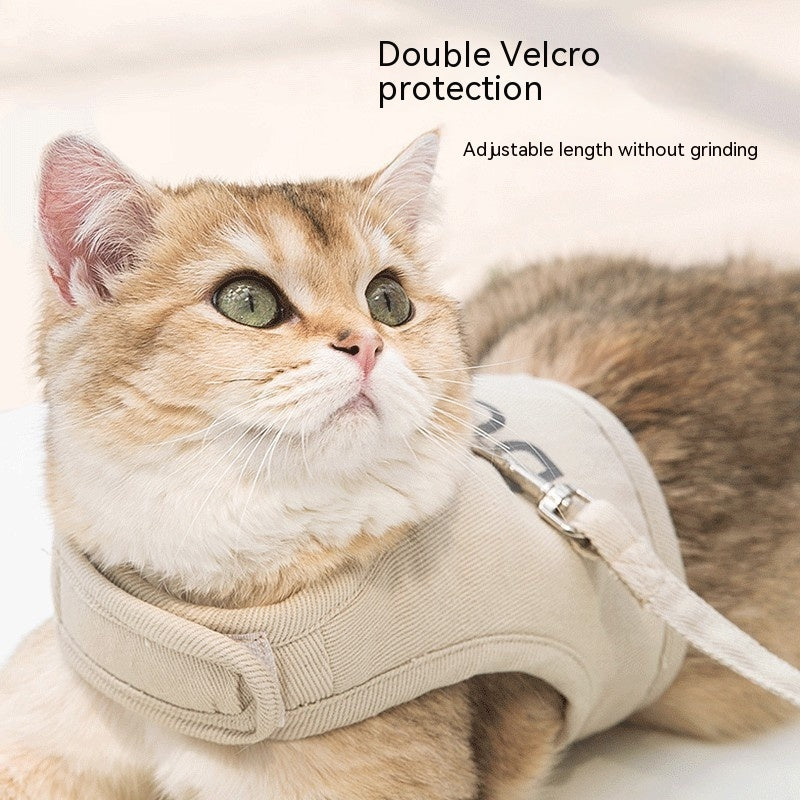 Pet chest harness with rope strap, beige fabric and DURI logo, adjustable clasp