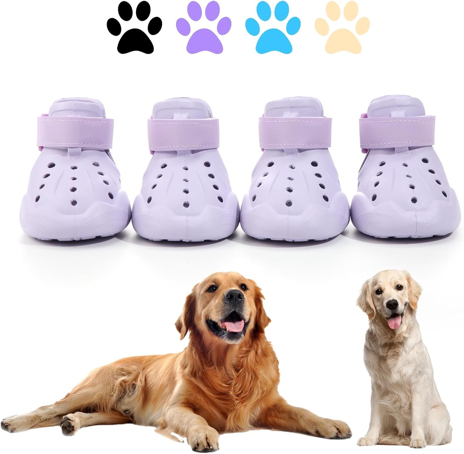 Purple dog boots with adjustable strap and perforated paw-sole design