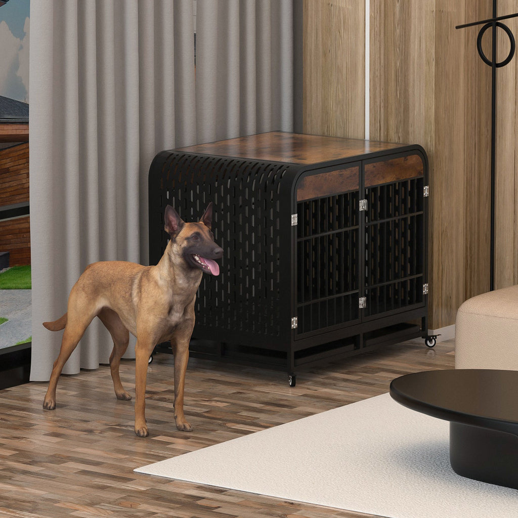 Brown dog crate furniture with black metal bars and rounded top, on rolling casters