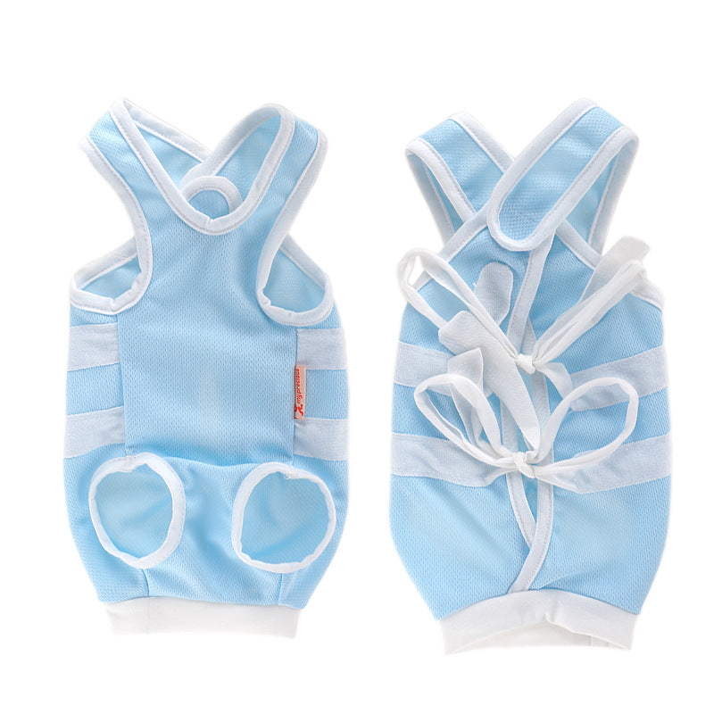 Light blue sleeveless cat outfit with white trim and ribbon tie detail