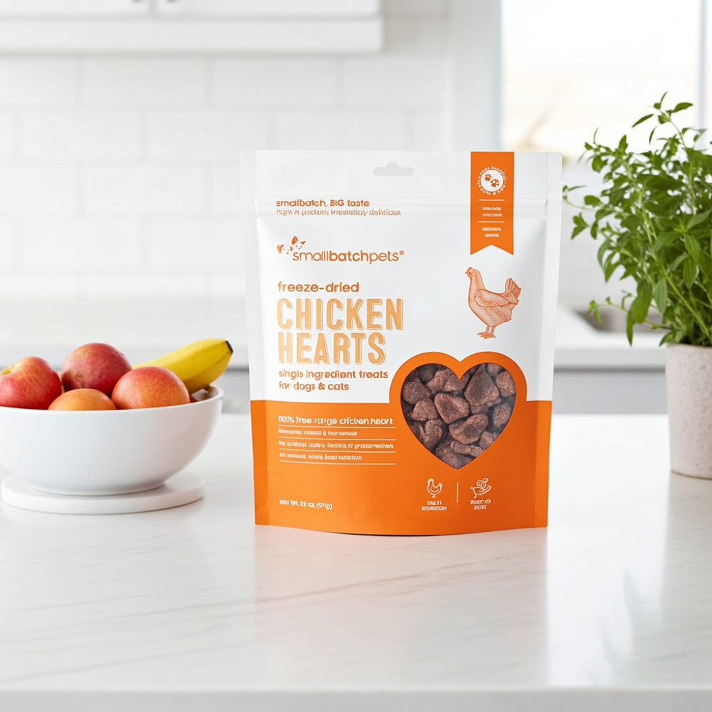 Freeze-dried pet treats bag with chicken heart pieces