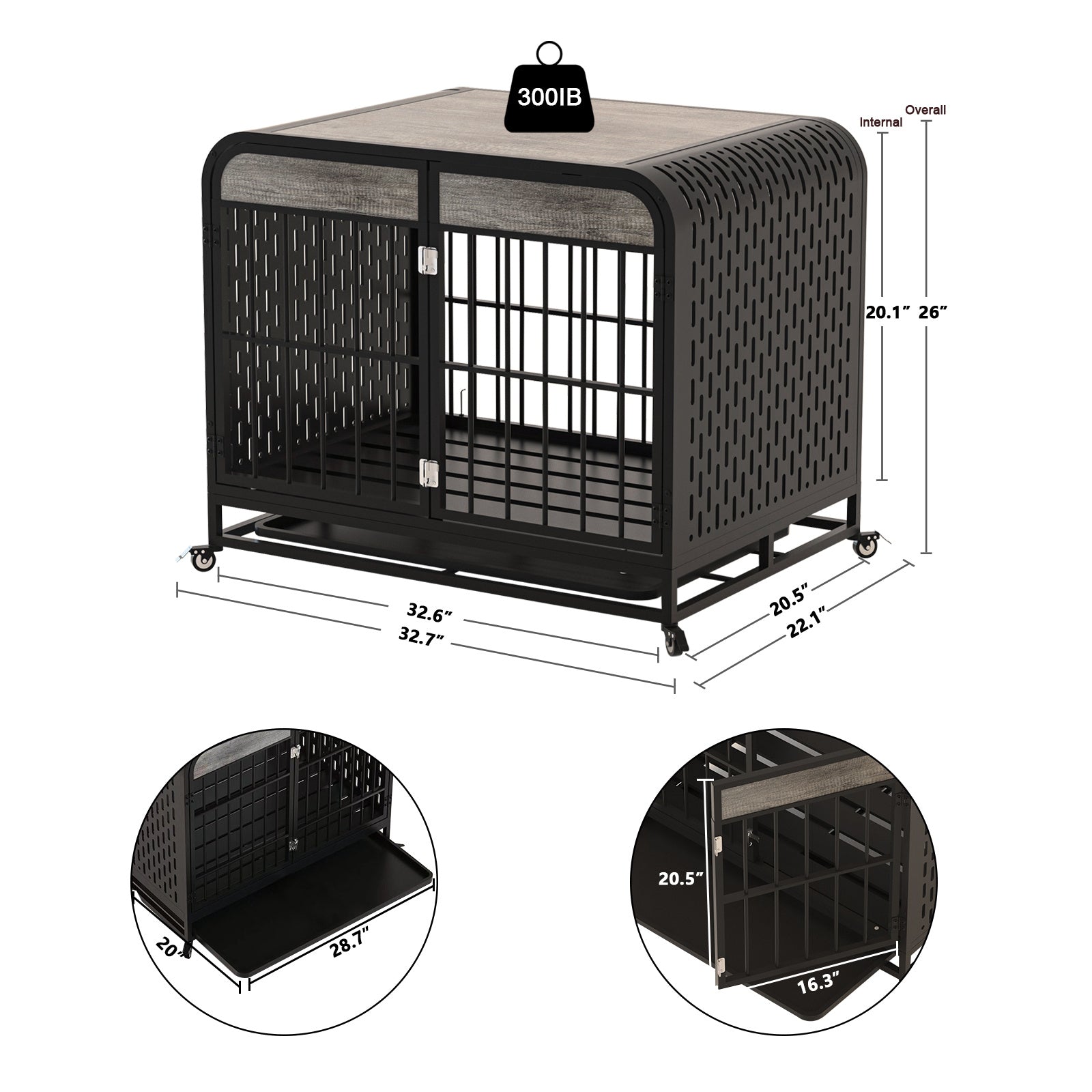 Size diagram for 33 in grey dog crate table, black frame, rolling wheels, door and interior views