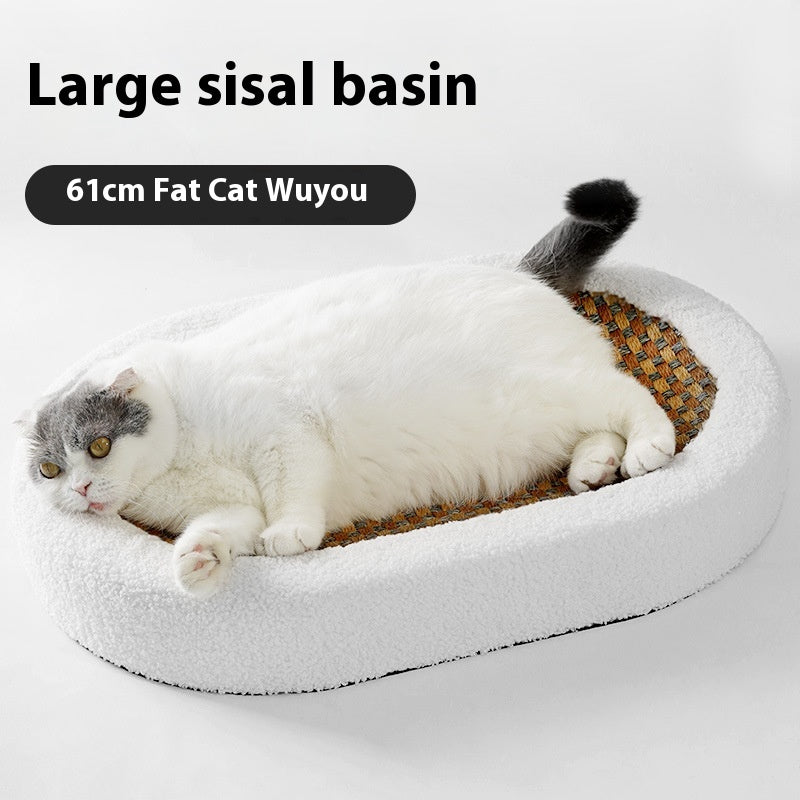 Oval cat scratch basin with white plush outer and orange-brown woven sisal top
