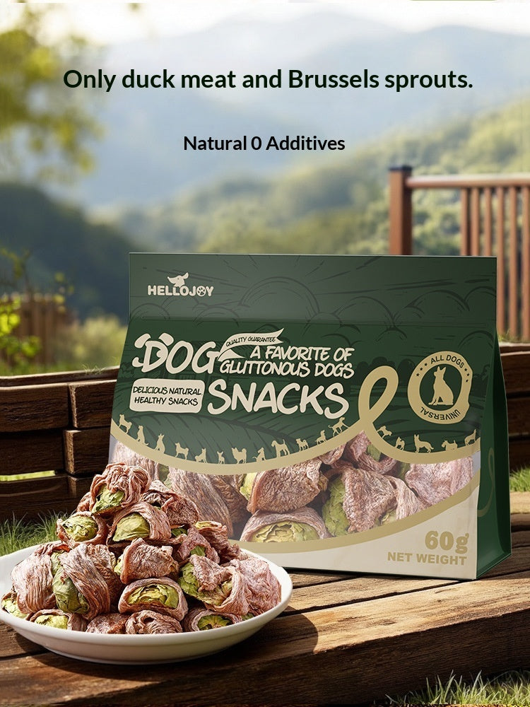 Duck and Brussels sprouts dog snack bag with sliced treats in a white bowl.