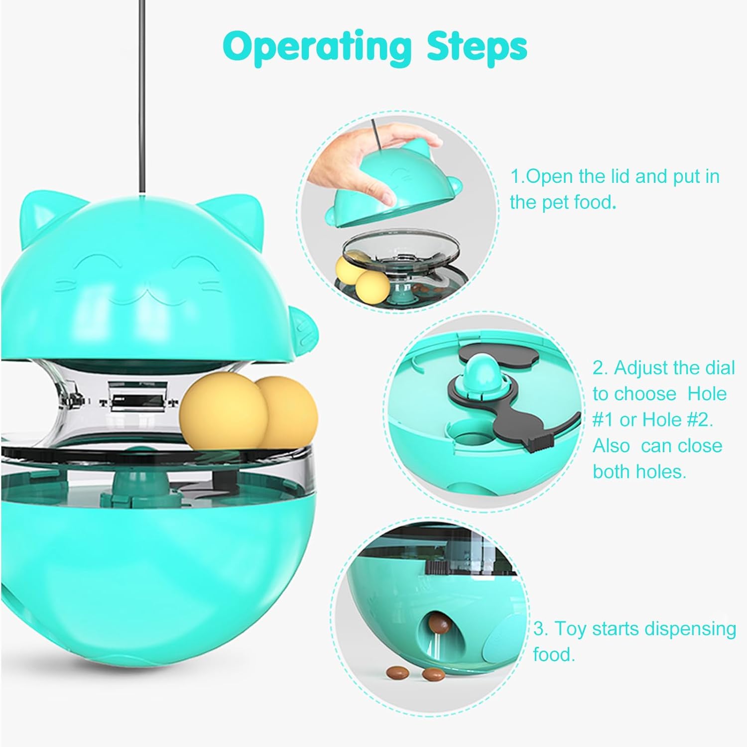 Teal cat treat dispenser toy with lid and adjustable dial plus yellow treat ball