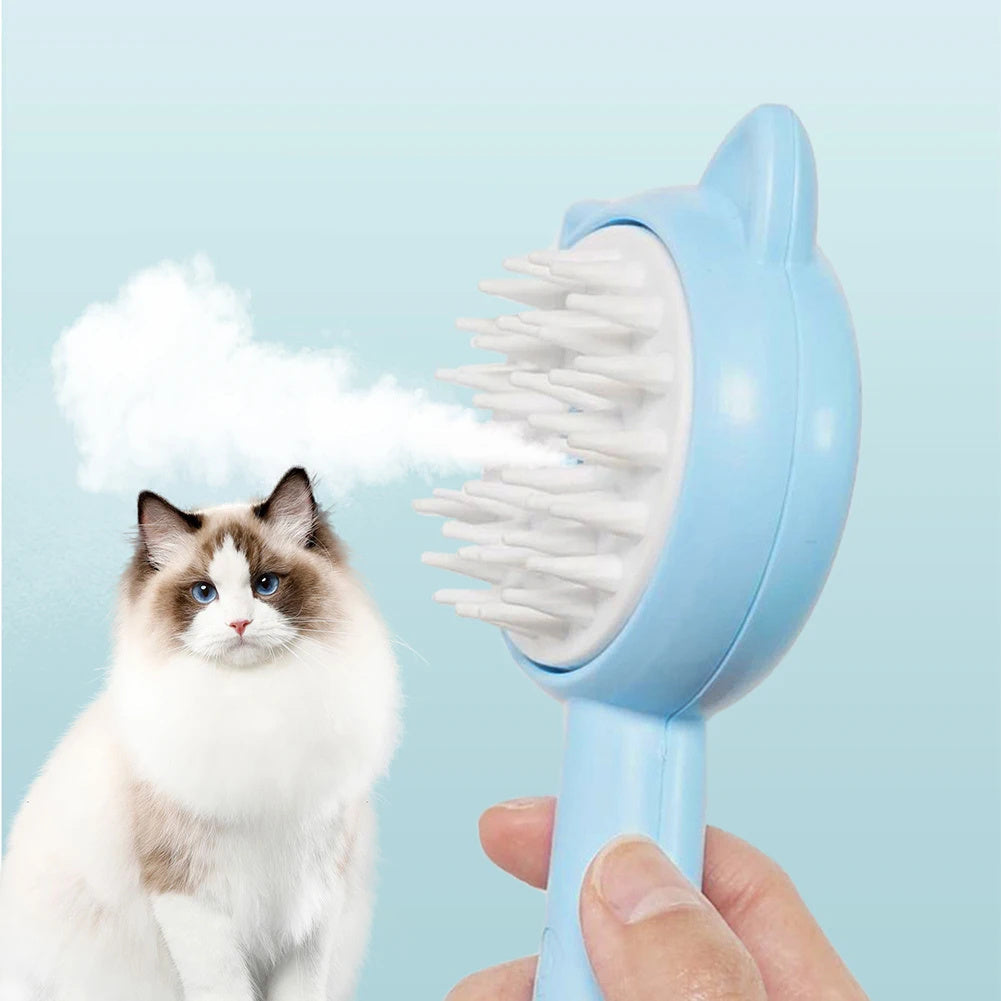 Pet mist grooming slicker brush with white bristles, blue handle brushing a cat coat
