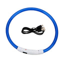 Blue USB rechargeable glow pet collar with flashing modes, includes USB charging cable
