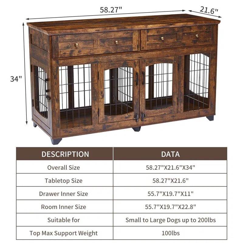 Rustic brown modern console dog crate size: 58.27 x 21.6 x 34 in