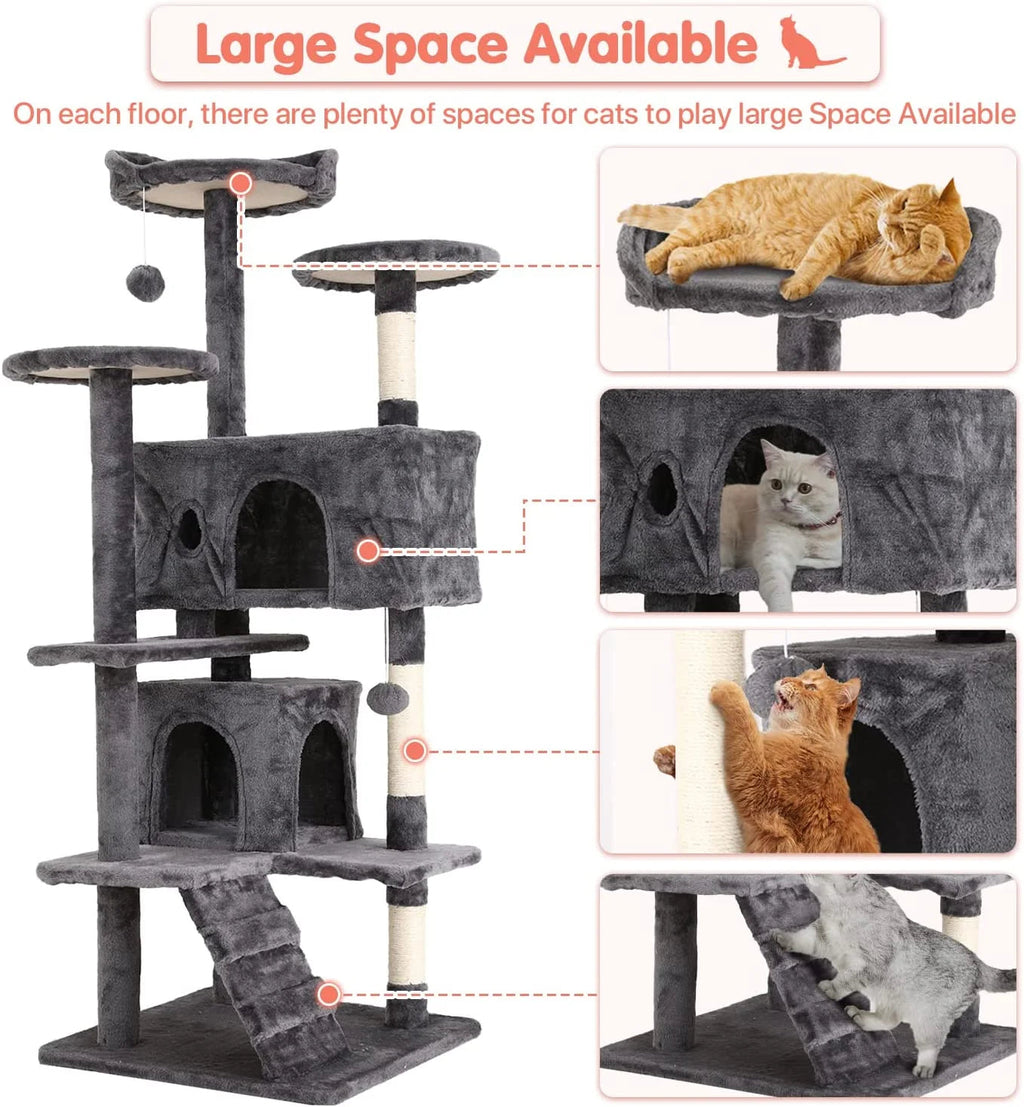 Cat tree tower with multiple play zones and condos, shown with cats on platforms