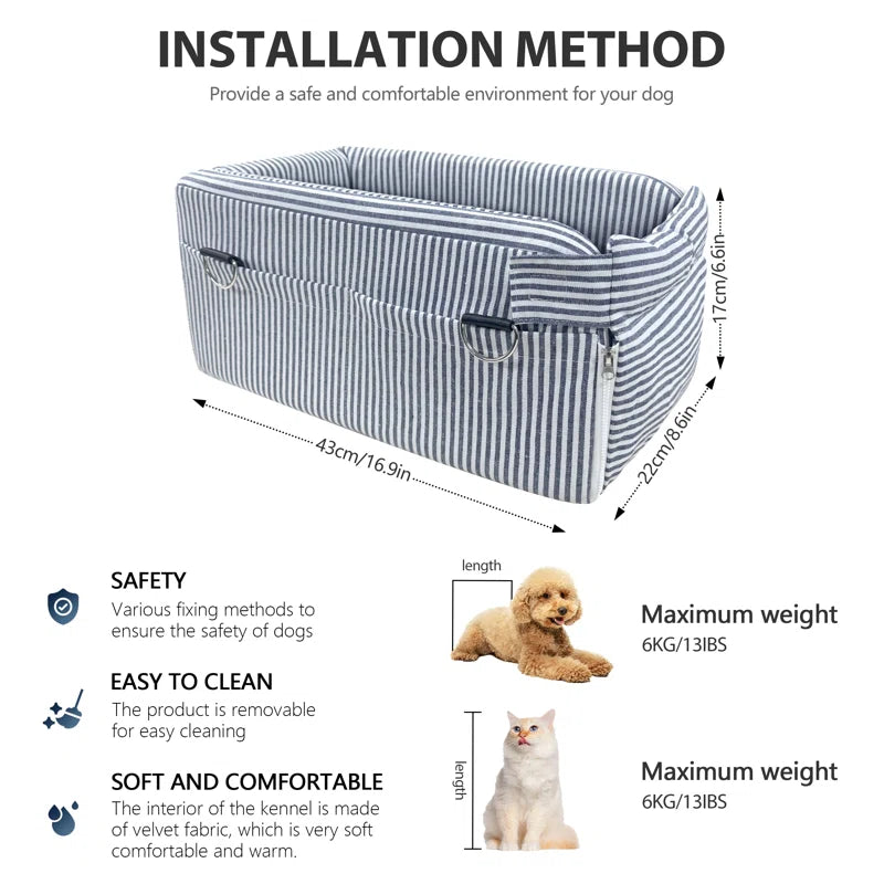 Striped dog car kennel bed with reinforced sides and padded front edge for safety