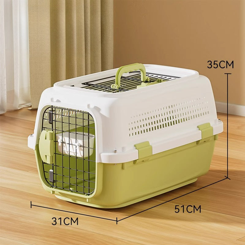 Hard-sided pet carrier with front wire door, white lid, green base, and top handle