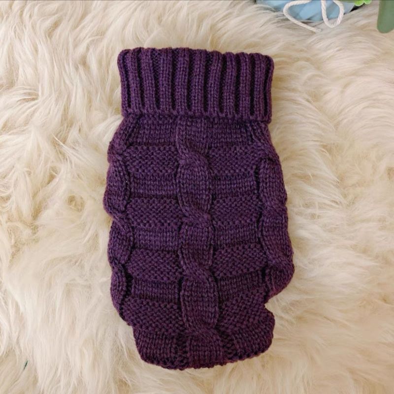 Knitted cat sweater in purple with ribbed turtleneck and raised textured panels