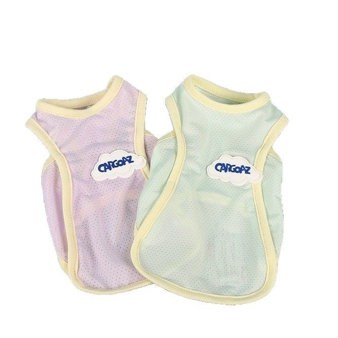 Two cat summer anti-lint vests, lavender and mint dotted mesh with yellow trim, CargoZ logo.