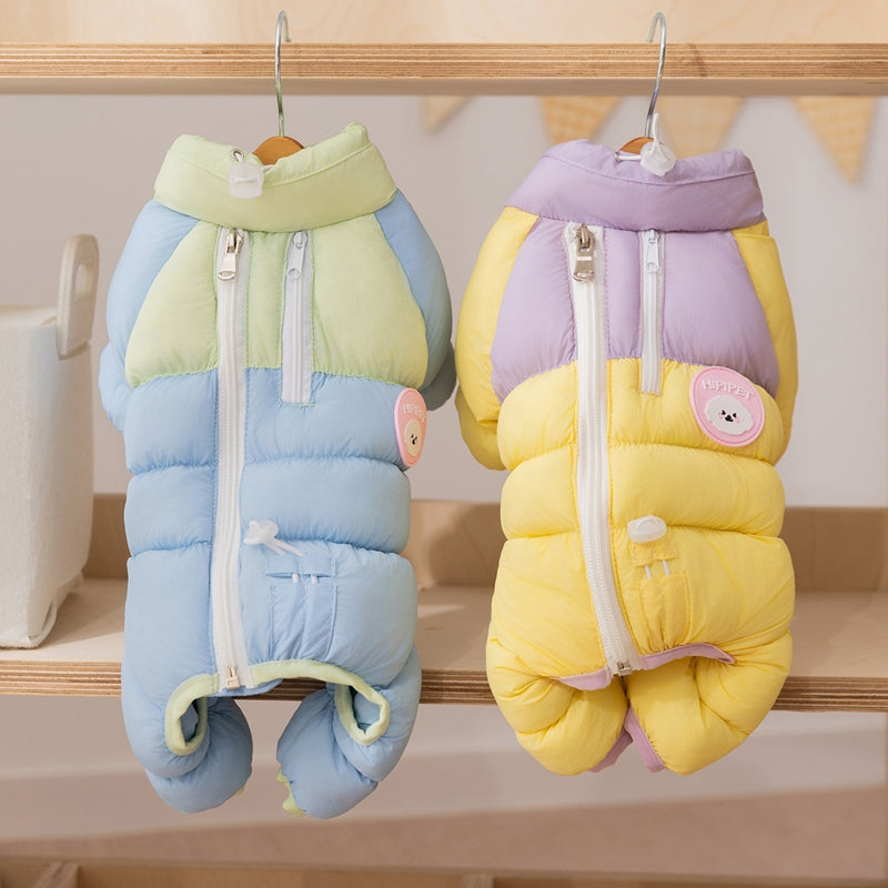 Color-block puffer dog jumpsuits, light blue/green and yellow/purple, full front view with zipper