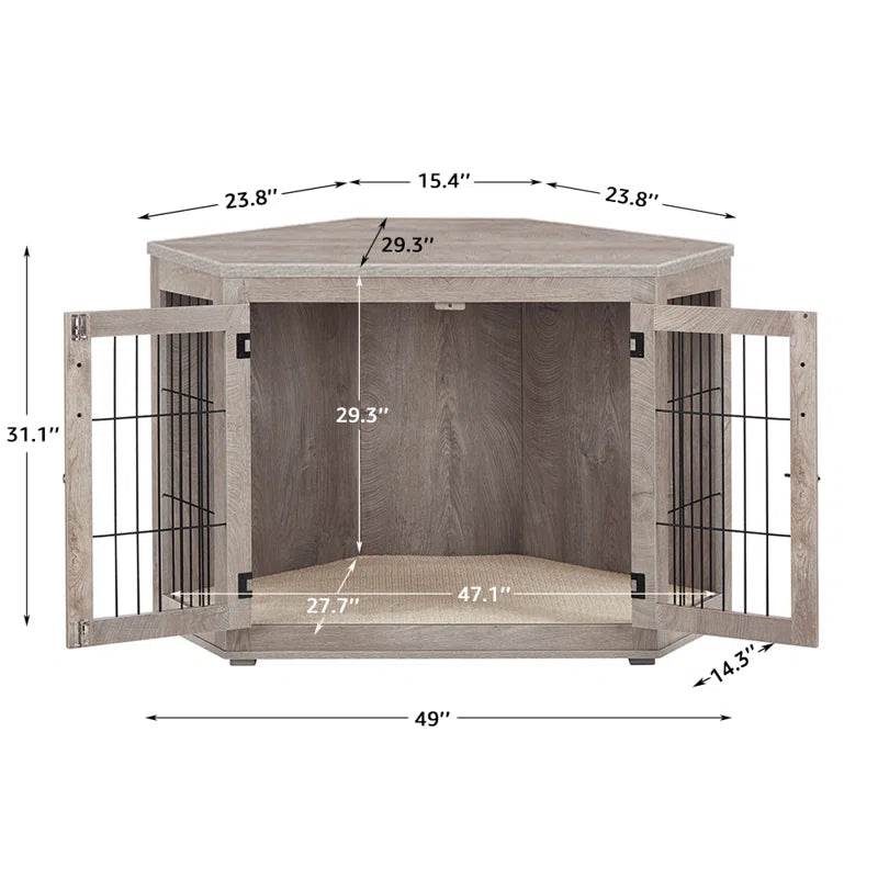 Corner dog crate open view showing interior with cushion base and two wire panels
