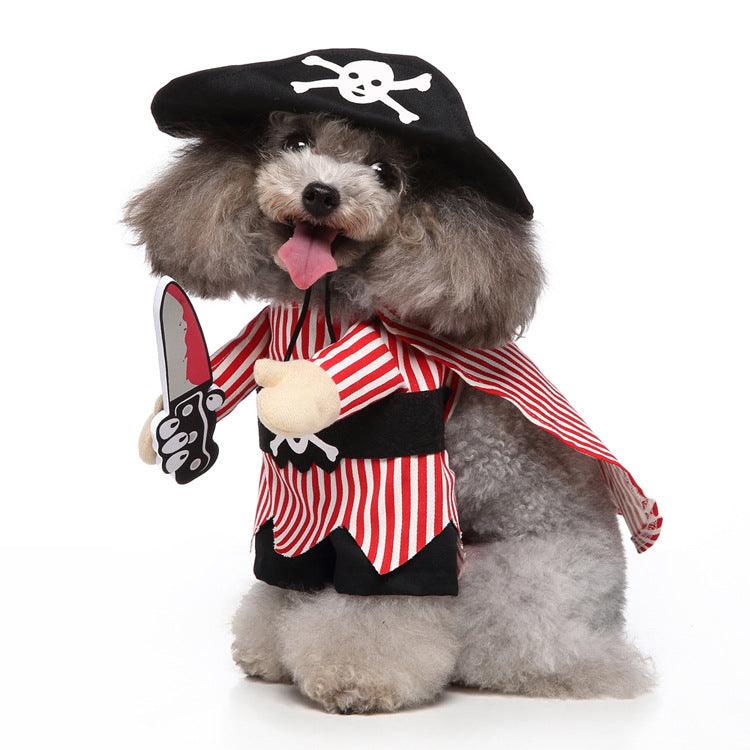 Pirate dog costume with black hat, red-striped shirt, and white belt pouch