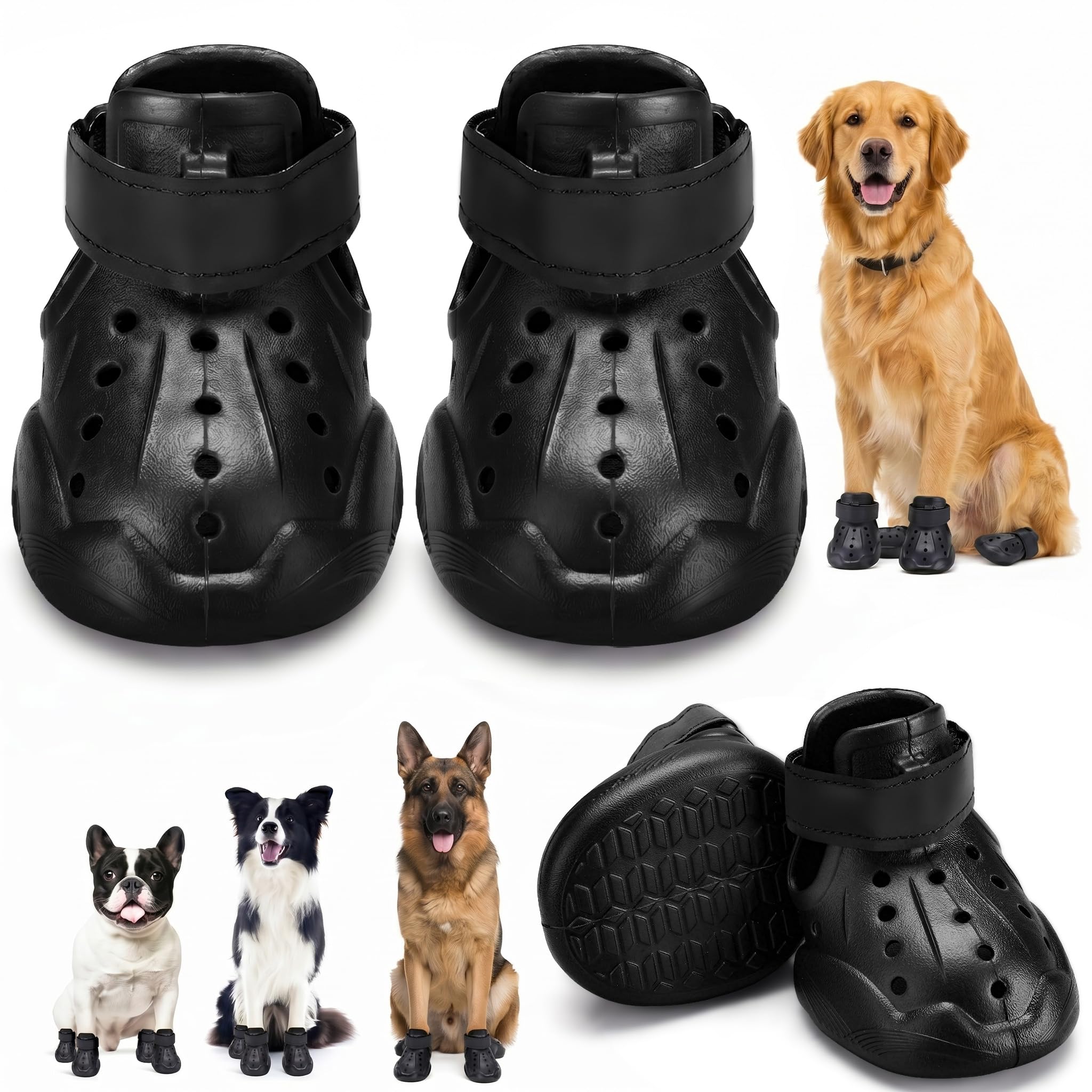 Black dog clog boots with ventilation holes and textured grip sole, pair