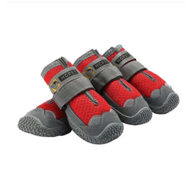 Red and grey pet dog shoes with hook-and-loop strap and paw logo, non-slip sole