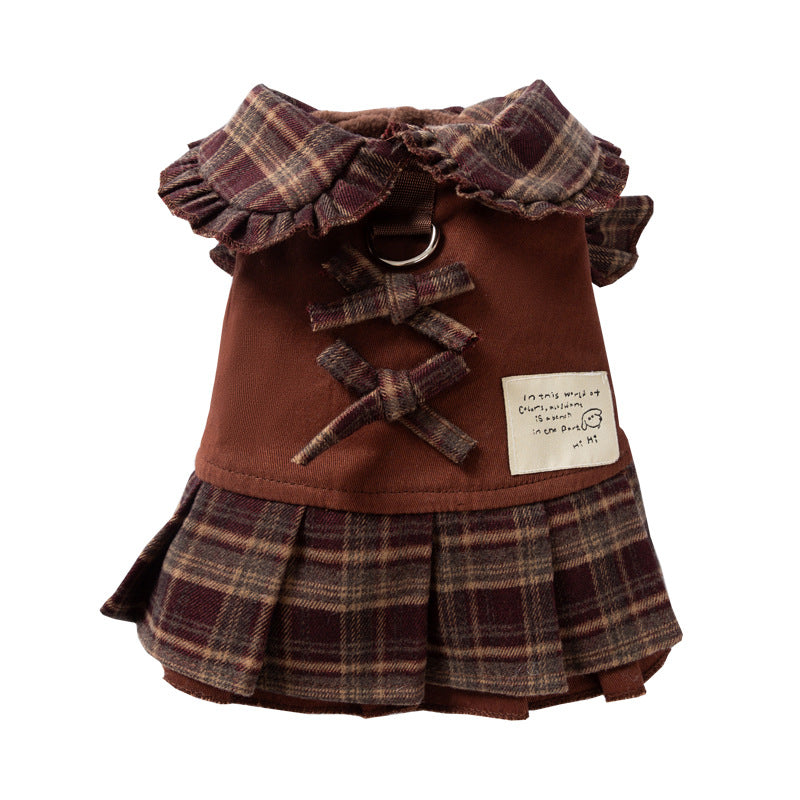 Brown plaid pet sweater dress with bow collar, ruffle trim, and button front