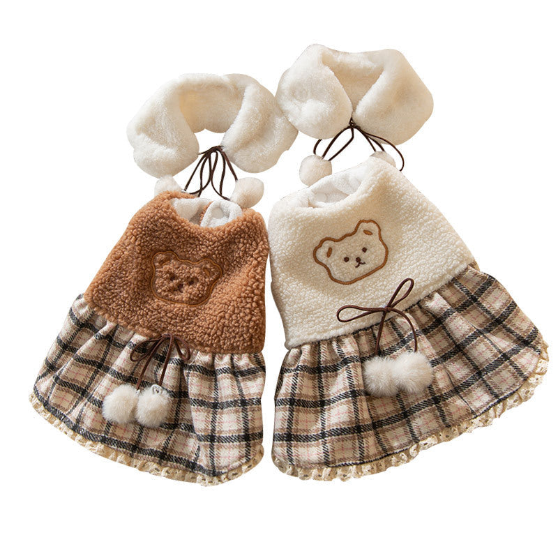 Bear-themed puppy dress with brown and white options, plaid skirt and pom-poms