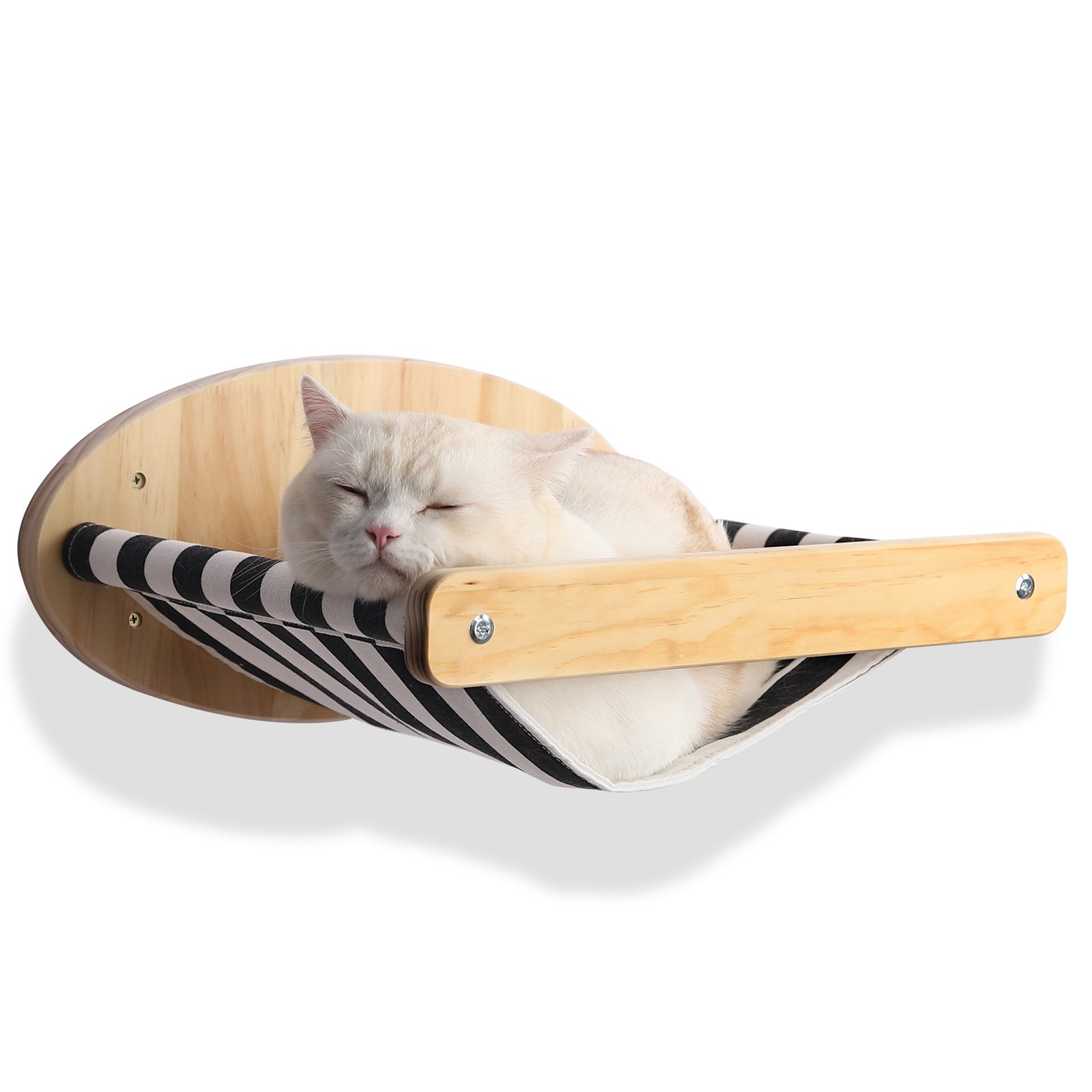 Curved wooden cat scratching hammock with sisal and black-and-white striped cushion