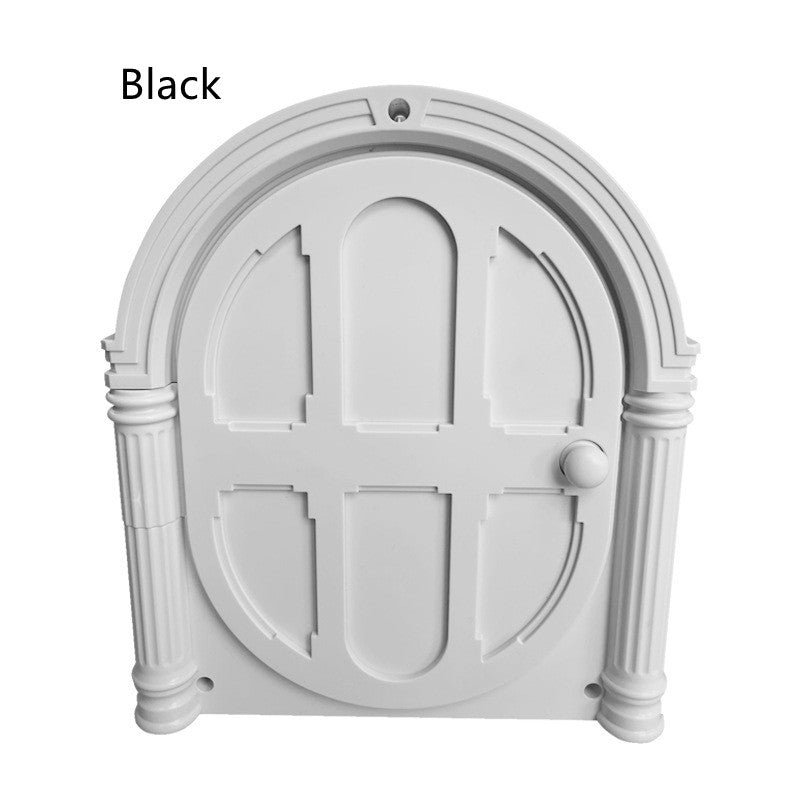 Black circular pet door with hinged flap panels and control knob