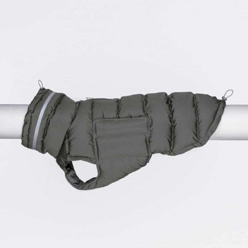 Grey padded quilted dog vest with high collar and rear leg cutouts